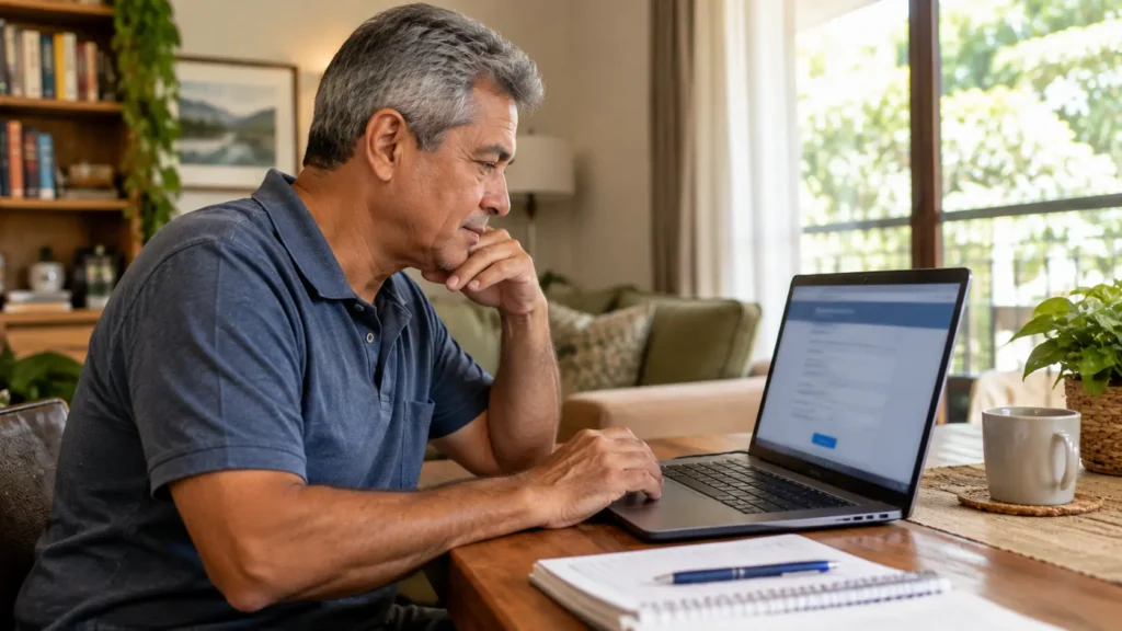 Homem maduro utiliza um notebook para consultar informações sobre cadastro e retorno aos estudos