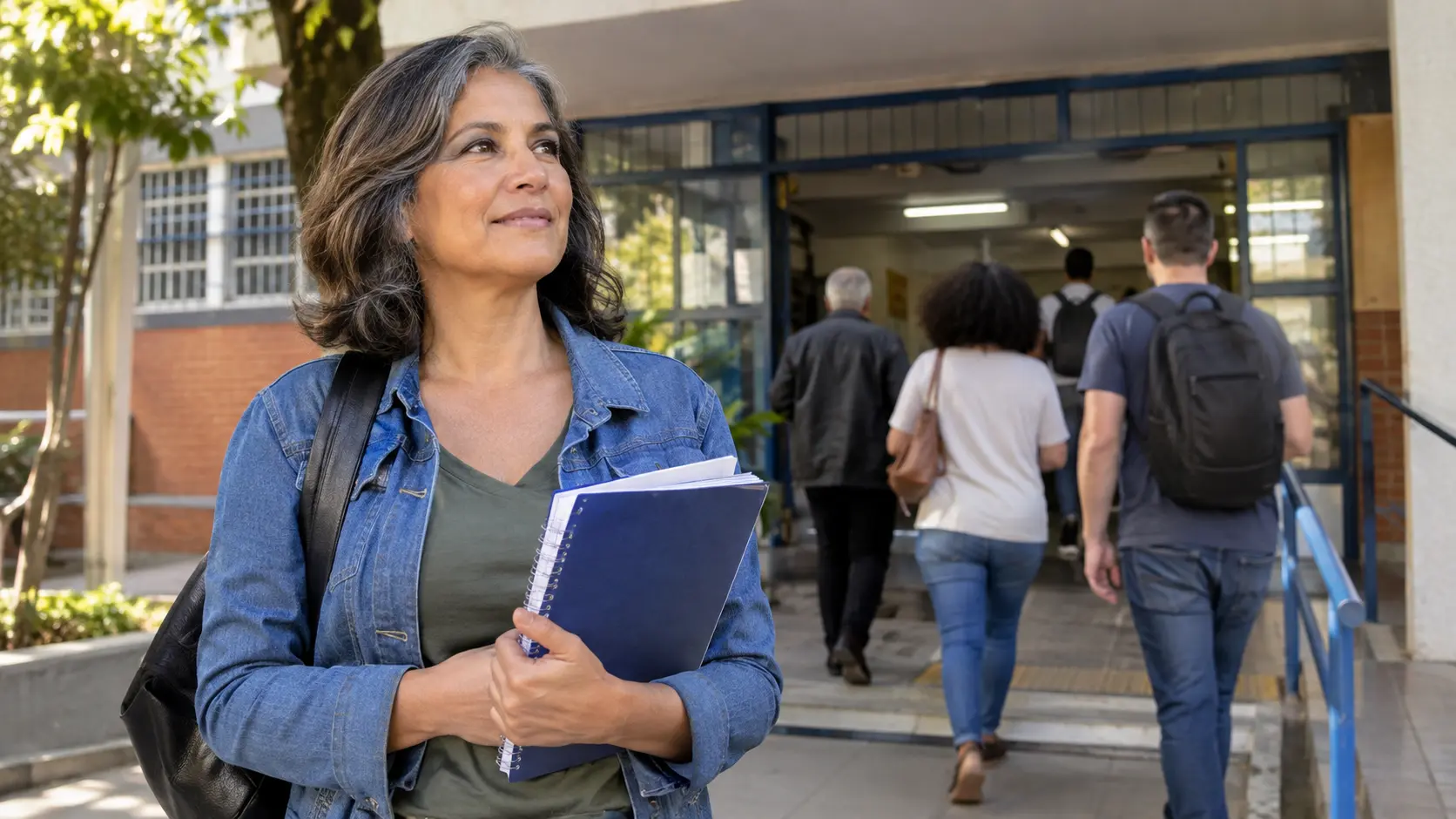 Mulher adulta chegando a uma escola com um caderno nas mãos, representando o direito à educação e a retomada dos estudos depois dos 40