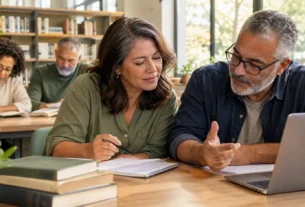 Adultos maduros participando de uma atividade de educação ao longo da vida em uma biblioteca comunitária