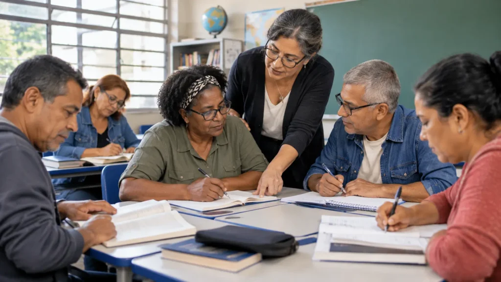 Estudantes adultos participando de uma aula de EJA em uma escola pública, ilustrando o direito à educação na vida adulta