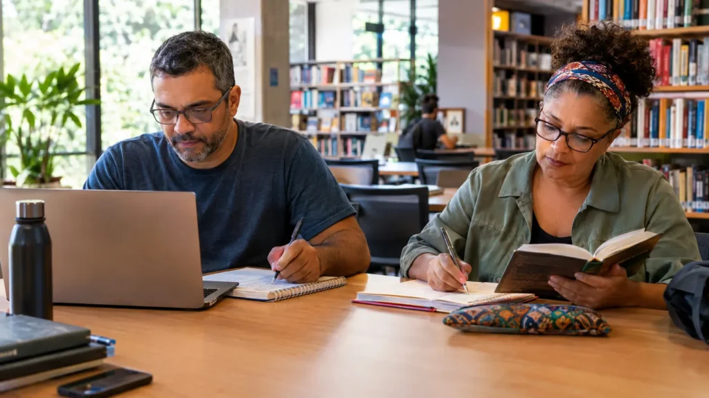Adultos maduros estudam em uma biblioteca comunitária utilizando livros, cadernos e notebook