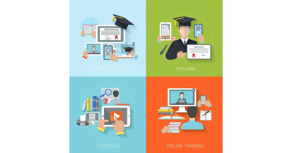 Ilustração dividida em quatro quadros sobre educação a distância, obtenção de diplomas, tutoriais e treinamento online