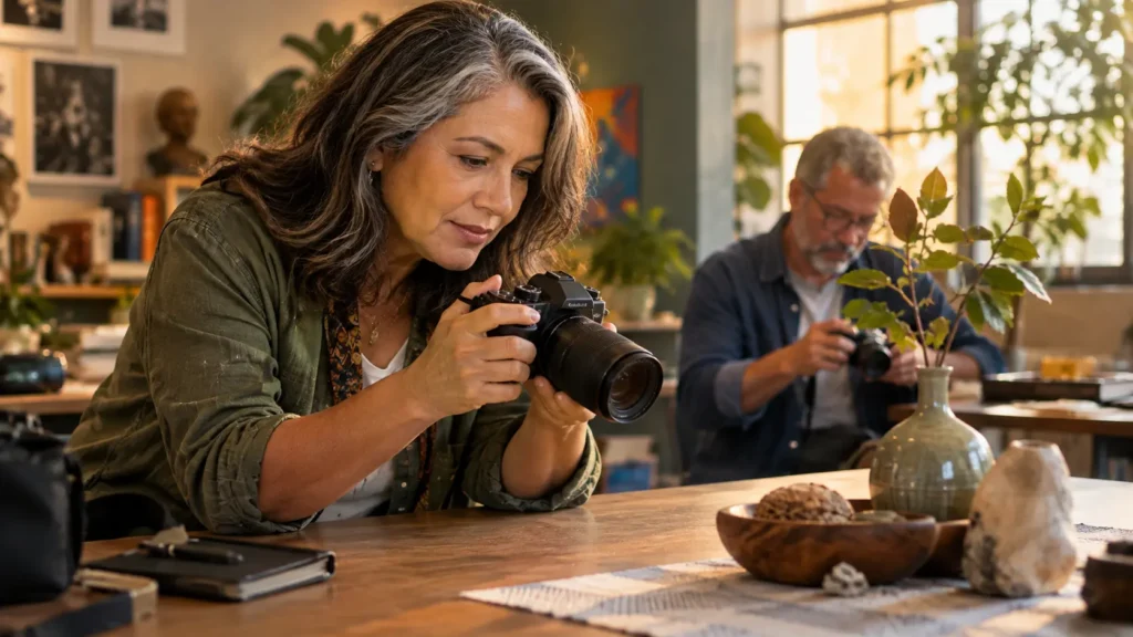 Mulher madura aprendendo fotografia em uma oficina cultural como parte de seus novos interesses na vida adulta