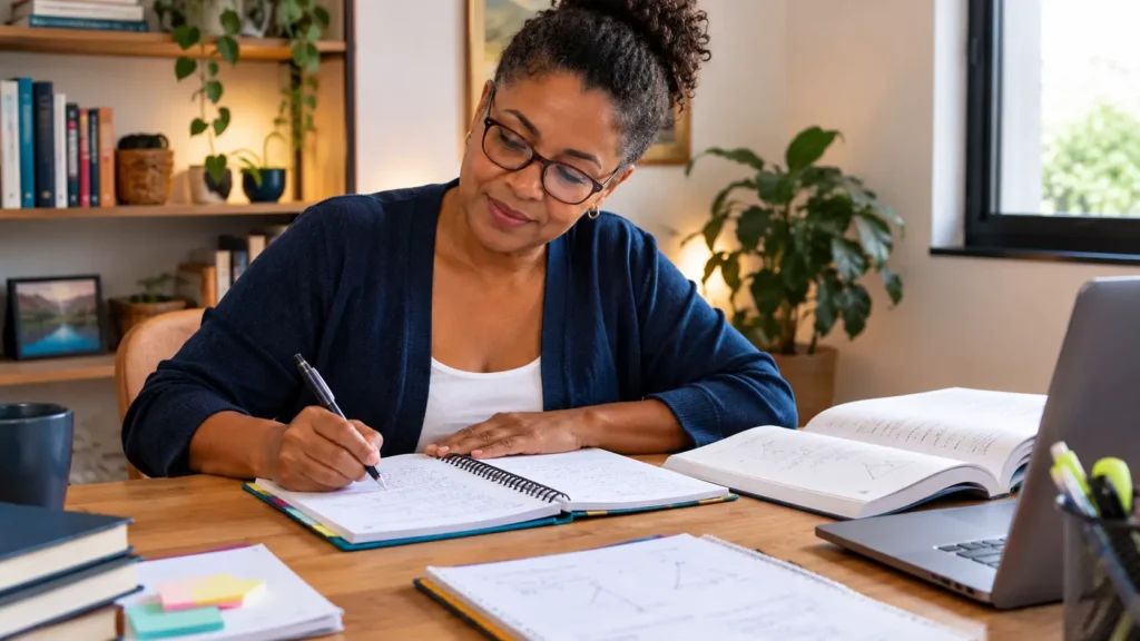 Estudante adulto aprende matemática passo a passo com exercícios práticos