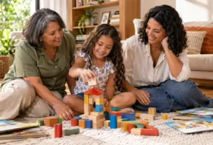 Avó e mãe brincam de construir com uma criança, compartilhando experiências de aprendizagem infantil em família