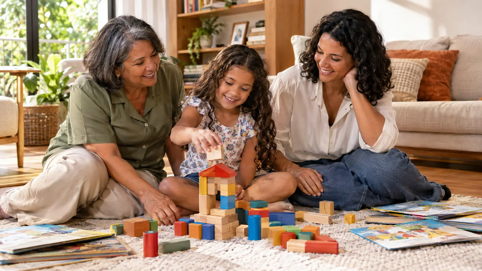 Avó e mãe brincam de construir com uma criança, compartilhando experiências de aprendizagem infantil em família
