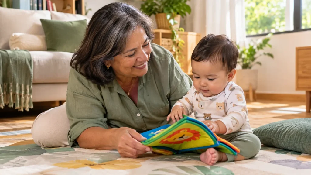 Avó participa de uma brincadeira com bebê utilizando livro infantil de tecido seguro