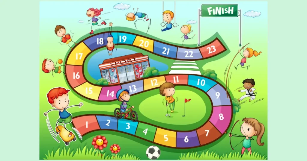 Ilustração de jogo de tabuleiro infantil com 23 casas numeradas, crianças praticando esportes e linha de chegada