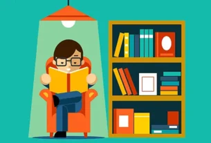 Ilustração de uma pessoa lendo um livro em uma poltrona ao lado de uma estante