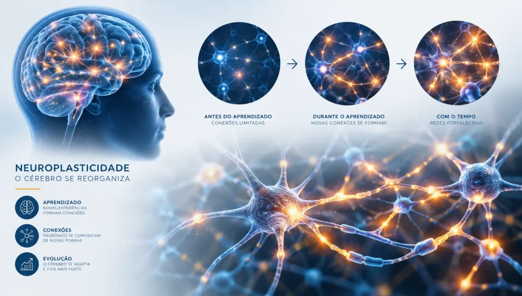 Neurociência do Aprendizado - Ilustração mostrando conexões neurais durante o processo de aprendizagem