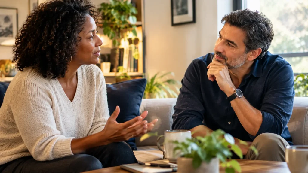 Duas pessoas maduras conversando com empatia e conexão emocional
