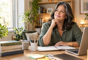 Mulher madura explorando novas habilidades e aprendizados em um ambiente de estudo e criação