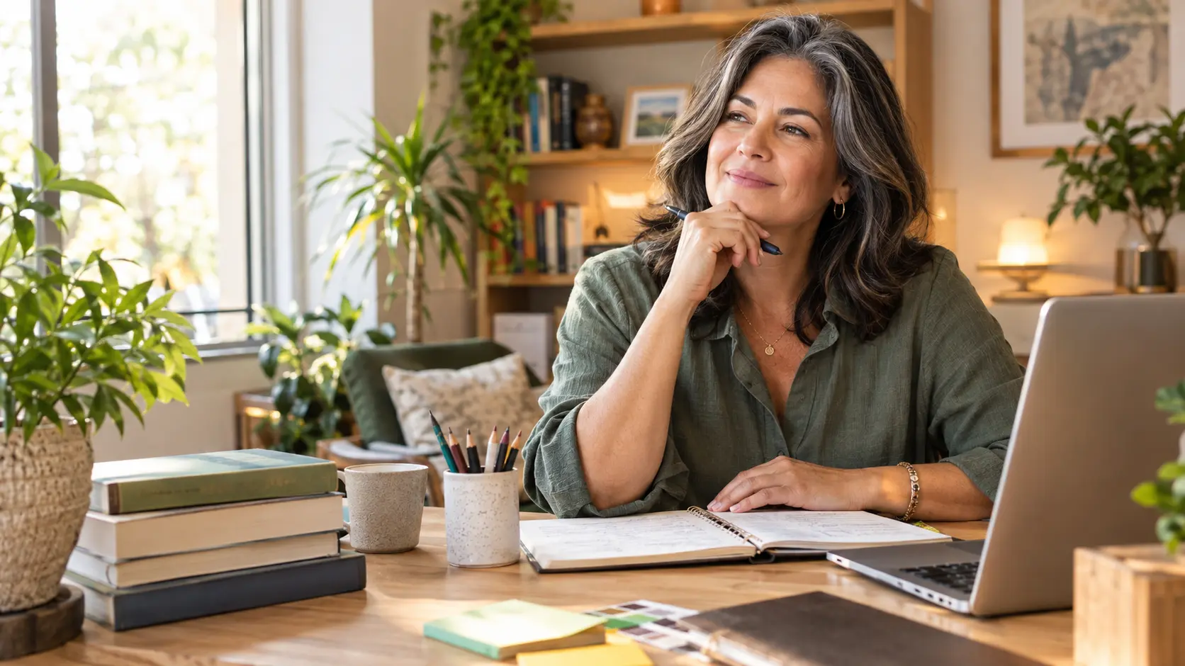 Mulher madura explorando novas habilidades e aprendizados em um ambiente de estudo e criação