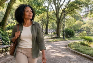 Mulher madura caminhando por um parque arborizado em um momento tranquilo