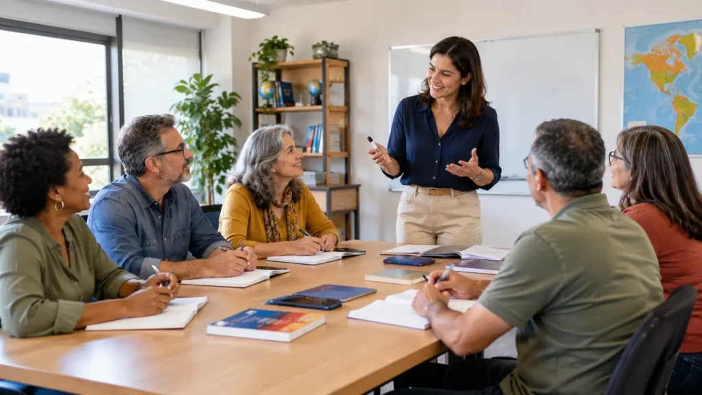 Grupo de adultos maduros participando de uma aula de idiomas em ambiente acolhedor