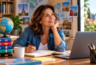 Mulher adulta usando caderno e notebook para aprender outro idioma em casa