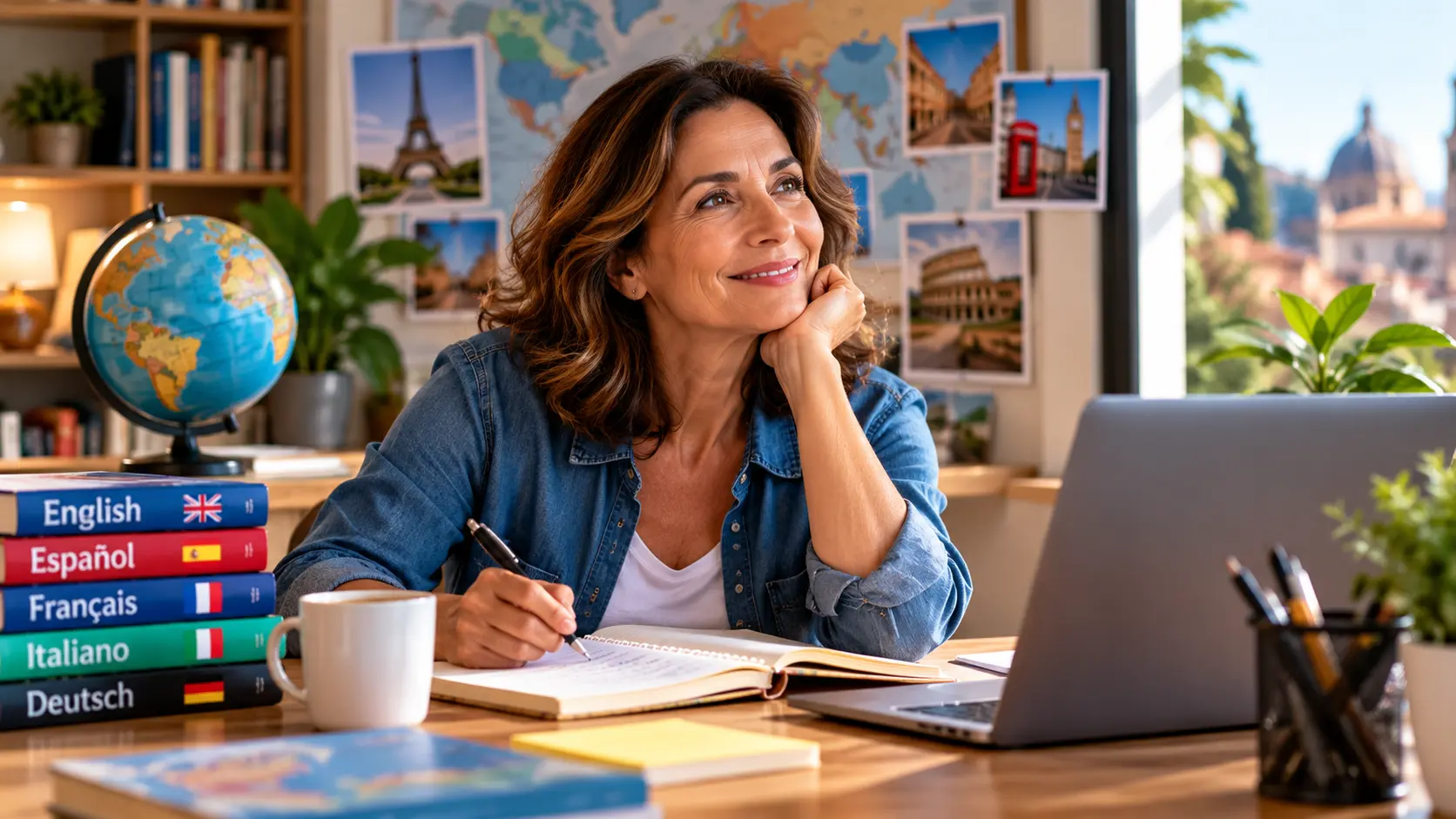 Mulher adulta usando caderno e notebook para aprender outro idioma em casa