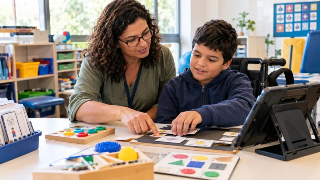 Professora orientando estudante no uso de materiais pedagógicos acessíveis durante uma atividade de atendimento educacional especializado