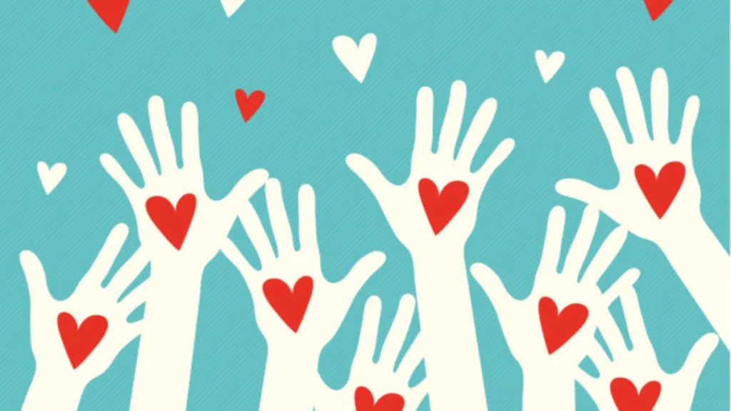 Ilustração com mãos erguidas e corações representando solidariedade e trabalho voluntário