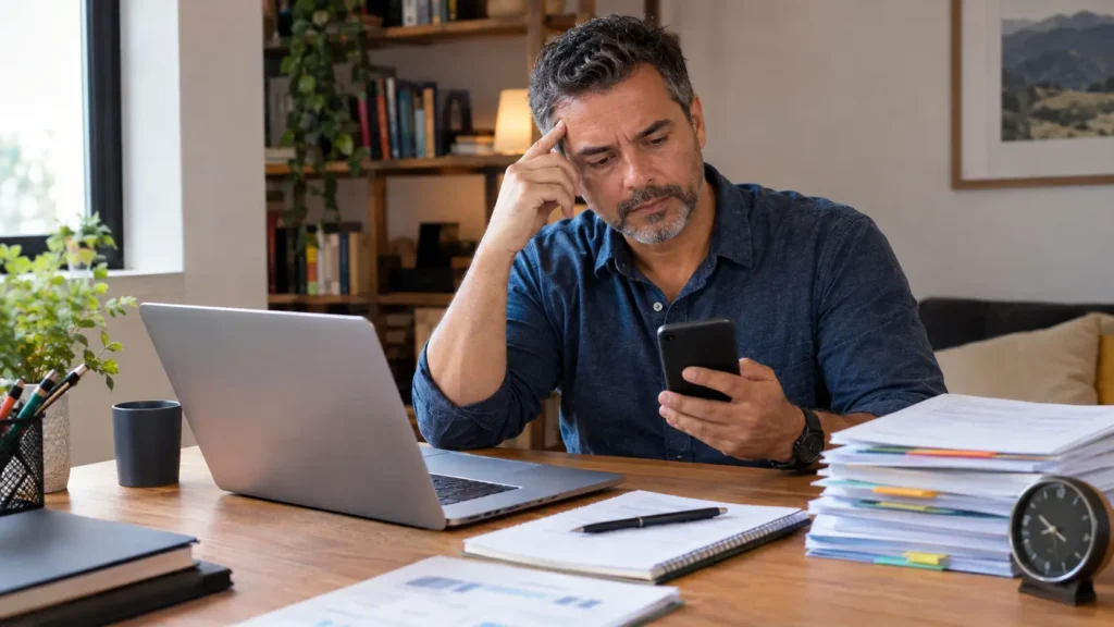 Homem adulto distraído pelo celular diante de tarefas de trabalho pendentes