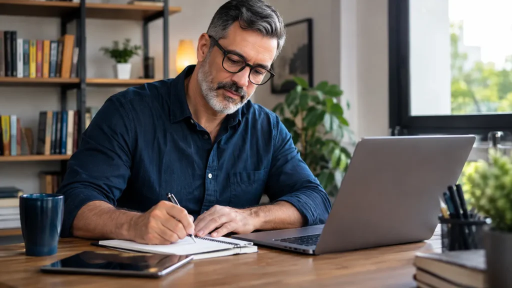 Pessoa acima dos 40 anos aprendendo algo novo e usando a experiência como base para evoluir