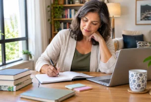Mulher adulta organizando novos projetos e estudos diante de um caderno e notebook