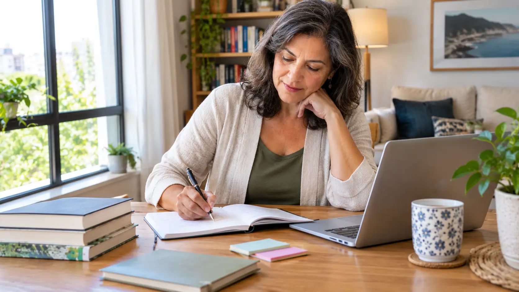 Mulher adulta organizando novos projetos e estudos diante de um caderno e notebook