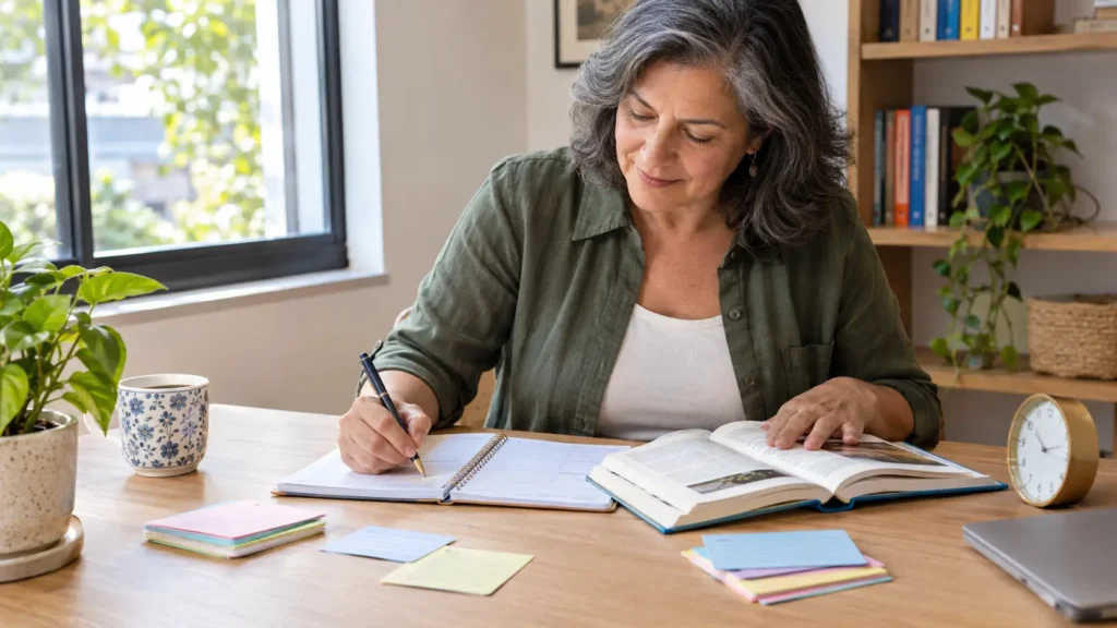 Mulher adulta organizando um plano de estudos de idiomas com caderno e cartões de revisão