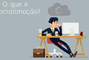 Ilustração de um profissional diante do computador, com expressão de desânimo e a pergunta “O que é procrastinação?