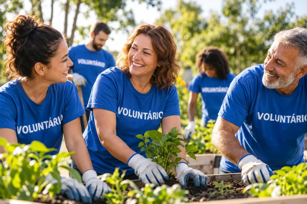 Voluntários de diferentes idades realizando trabalho voluntário ambiental com plantio de mudas