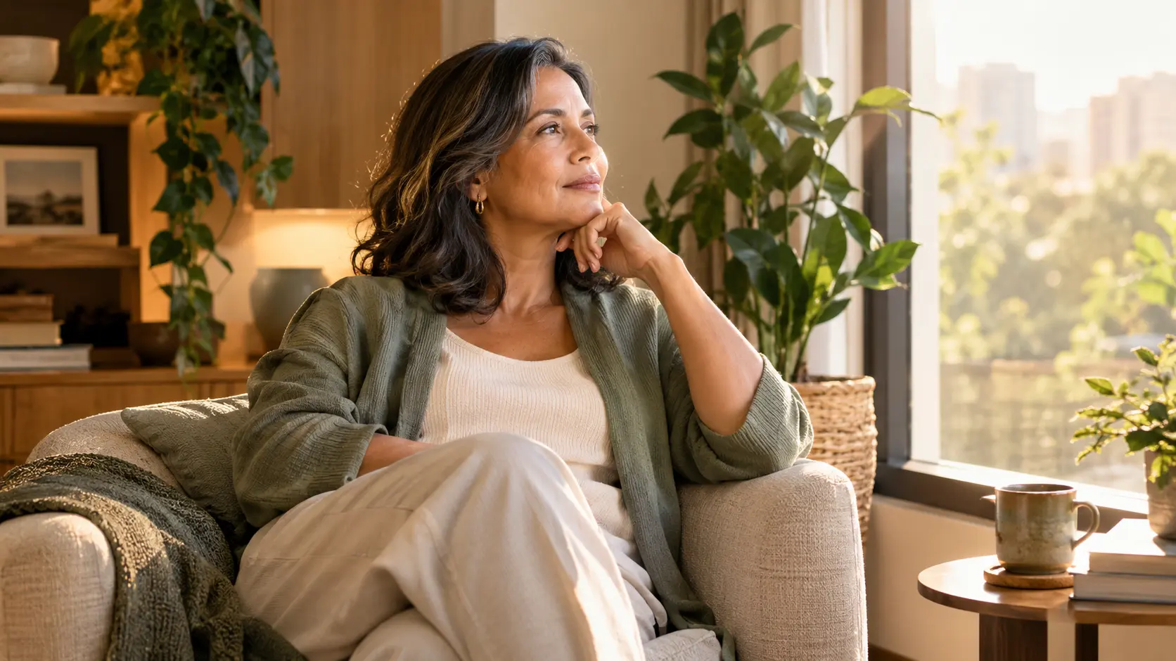 Mulher madura refletindo junto à janela, representando a experiência da solidão depois dos 40 anos