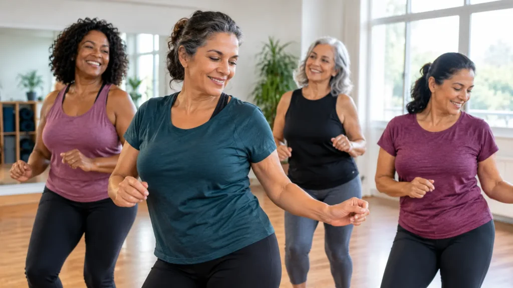 Grupo de mulheres maduras participando de uma aula de dança em ambiente acolhedor