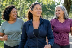 Mulheres maduras caminhando juntas em um parque como exemplo de atividade física depois dos 40 anos