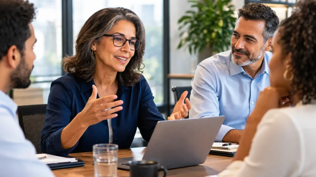 Profissional madura participando com segurança de uma reunião de trabalho