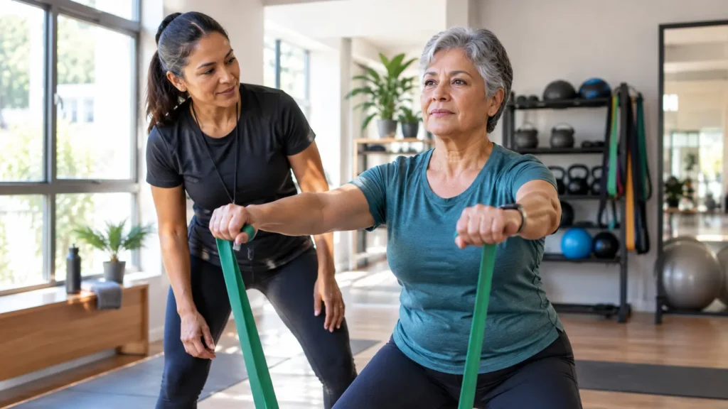 Mulher madura realizando exercício de fortalecimento com faixa elástica e orientação profissional