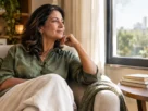 Mulher madura refletindo tranquilamente, representando o desenvolvimento da inteligência emocional depois dos 40 anos