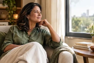 Mulher madura refletindo tranquilamente, representando o desenvolvimento da inteligência emocional depois dos 40 anos
