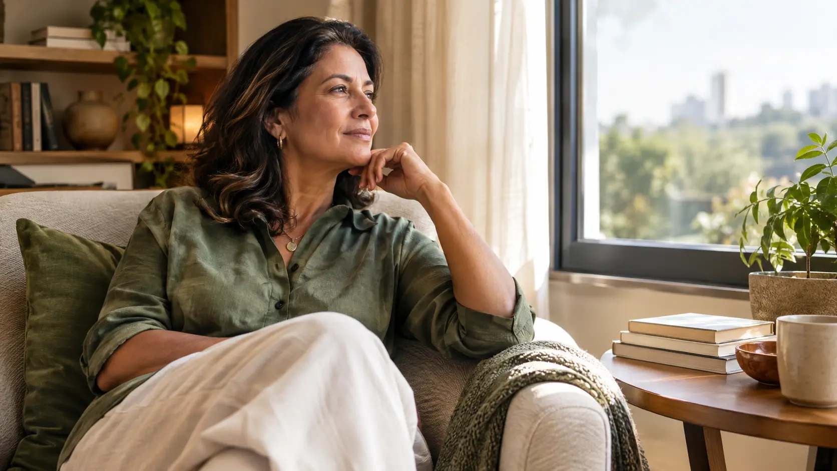Mulher madura refletindo tranquilamente, representando o desenvolvimento da inteligência emocional depois dos 40 anos