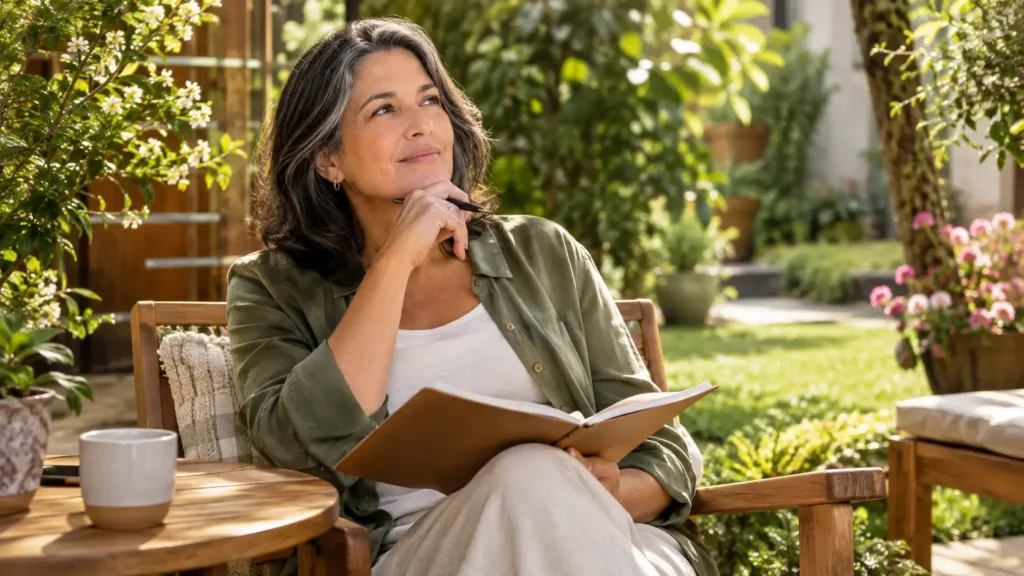 Mulher madura sentada em um jardim com um caderno, refletindo tranquilamente sobre uma nova fase da vida