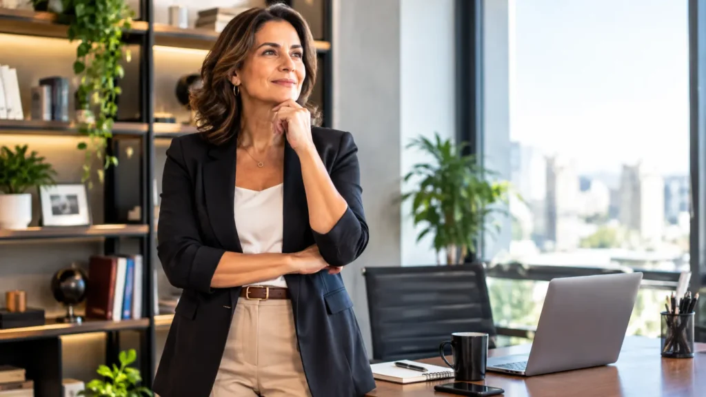 Mulher madura em ambiente profissional refletindo sobre suas capacidades e autoconfiança no trabalho