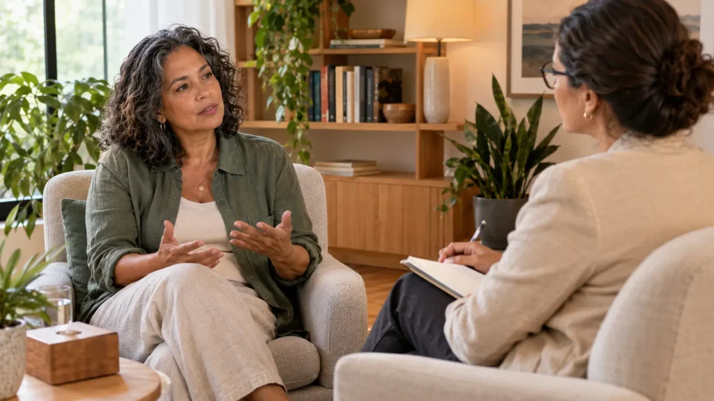 Mulher madura conversando com uma profissional de saúde mental em ambiente acolhedor e reservado