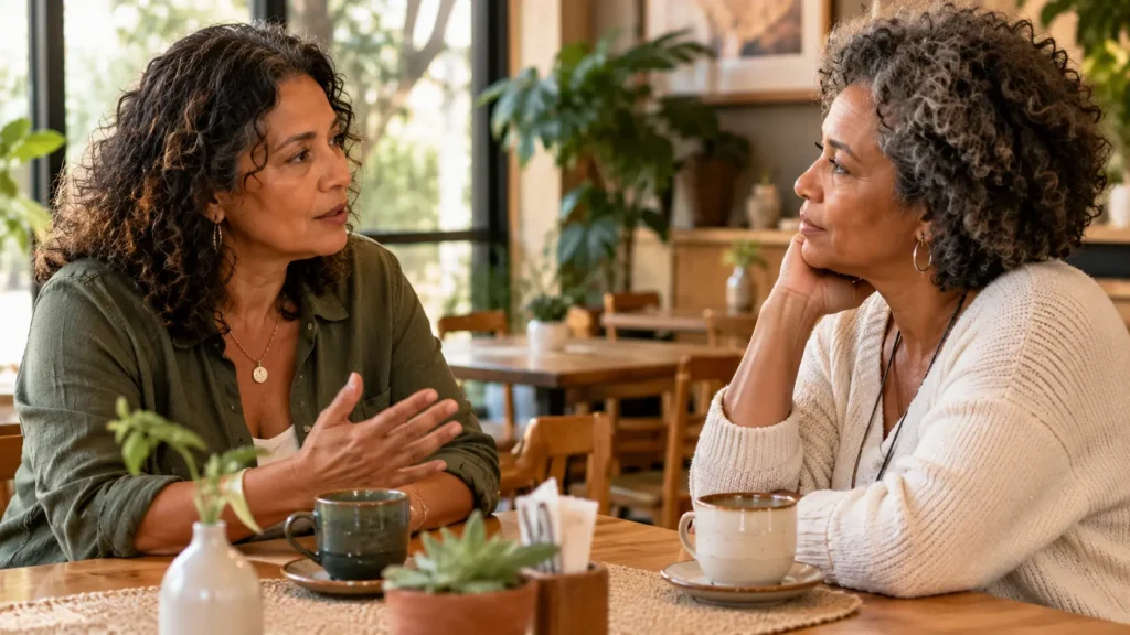 Duas mulheres maduras conversando com atenção e proximidade, representando a reconstrução de vínculos emocionais.