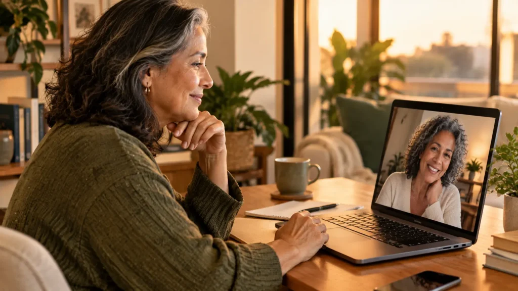 Mulher madura conversando por videochamada, utilizando a tecnologia para manter uma conexão humana significativa
