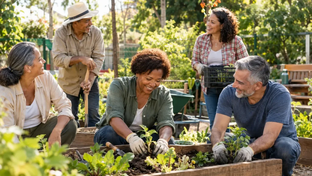 Grupo de adultos maduros trabalhando juntos em uma horta comunitária, plantando mudas e partilhando uma atividade voluntária