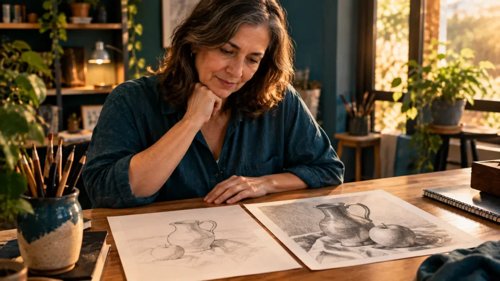 Mulher madura comparando dois desenhos feitos em etapas diferentes para observar sua evolução na aprendizagem