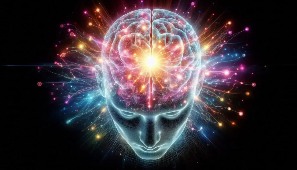 Ilustração artística de um cérebro humano com conexões luminosas coloridas, representando a neuroplasticidade