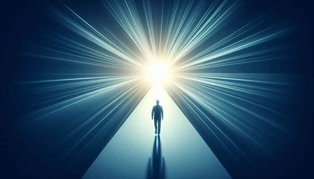 Silhueta de uma pessoa caminhando por uma passagem azul em direção a uma luz intensa, simbolizando novas possibilidades
