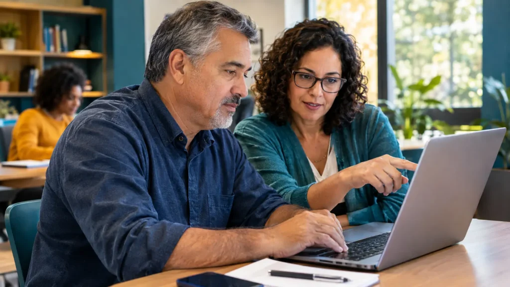 Adulto de meia-idade recebendo orientação respeitosa durante uma atividade de aprendizagem digital