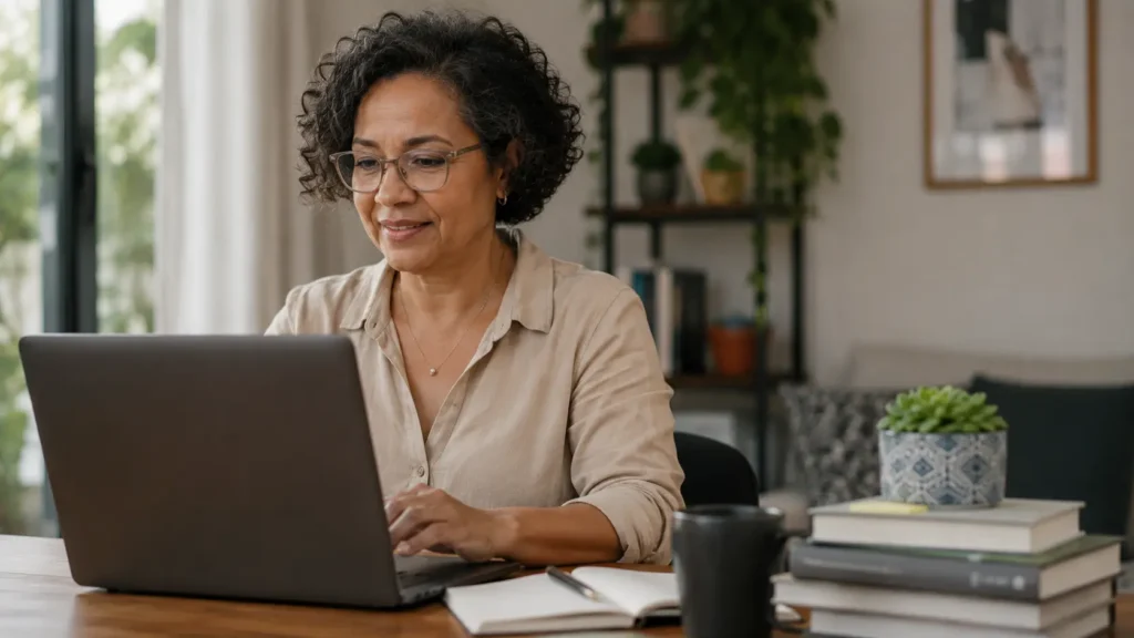 Mulher madura aprendendo tecnologia em um computador