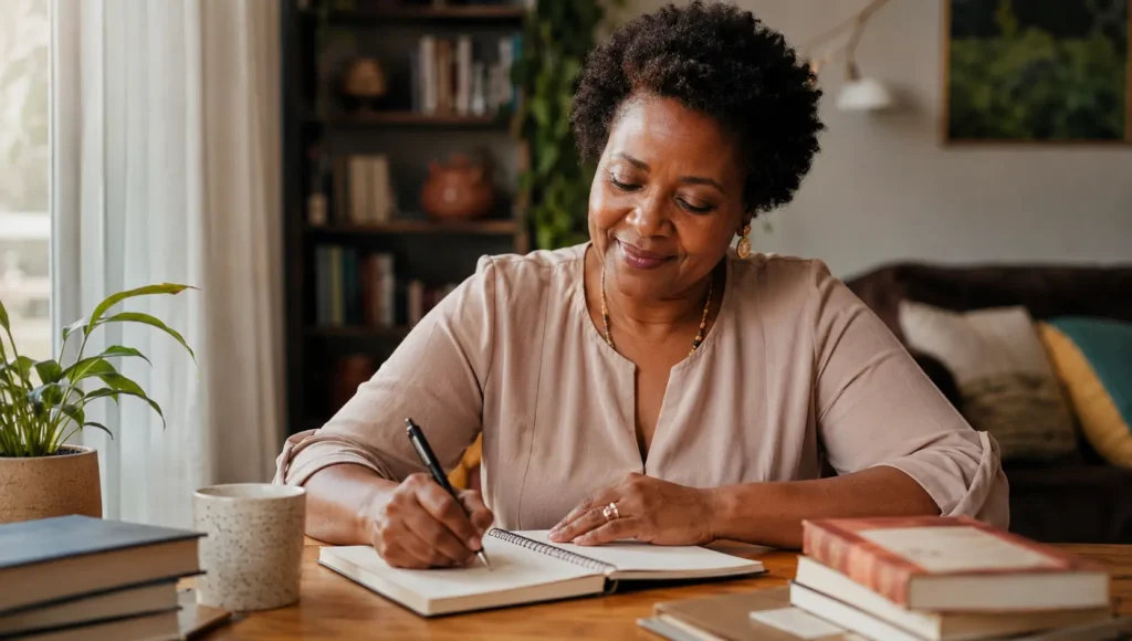 Mulher escrevendo em um caderno durante um momento de autoconhecimento e reflexão
